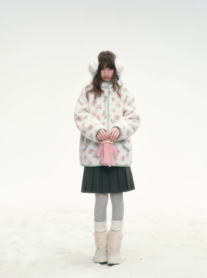 CANSTORE - Pink Floral Sherpa Hooded Jacket with Quilted Padding