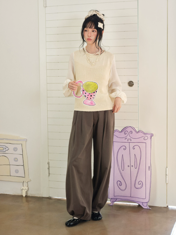 DAILY ARTIST - “Soft Woven Wind” Silk-Wool Sheer Sleeve Knit Top (Brown / Beige)