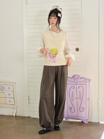 DAILY ARTIST - “Soft Woven Wind” Silk-Wool Sheer Sleeve Knit Top (Brown / Beige)