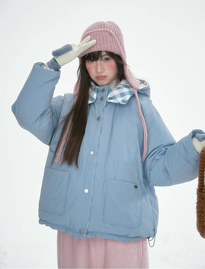 [CAN] Blue Plaid Reversible 90% White Duck Down Hooded Puffer Jacket