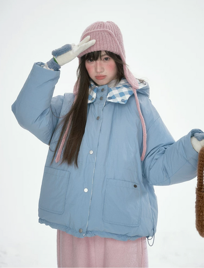 [CAN] Blue Plaid Reversible 90% White Duck Down Hooded Puffer Jacket