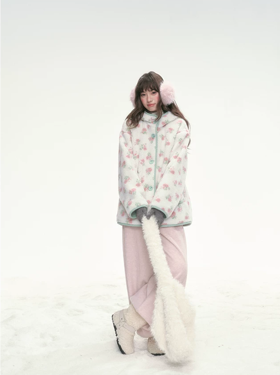 CANSTORE - Pink Floral Sherpa Hooded Jacket with Quilted Padding