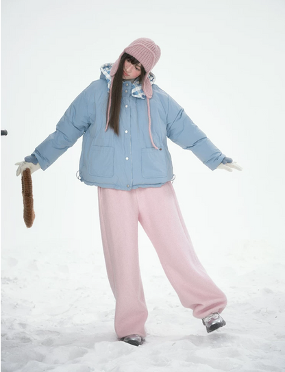 [CAN] Blue Plaid Reversible 90% White Duck Down Hooded Puffer Jacket