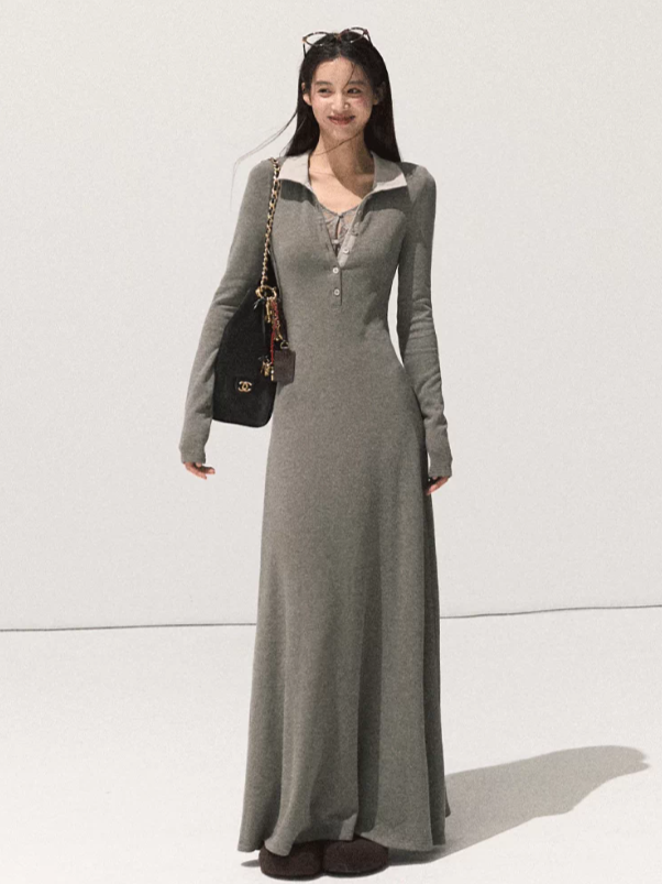 OAKMOO/ Rock Gray Shirt Collar Faux Two-Piece Knit Dress