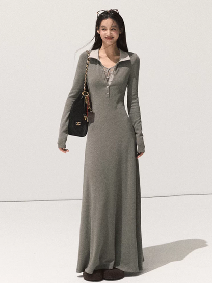 OAKMOO/ Rock Gray Shirt Collar Faux Two-Piece Knit Dress