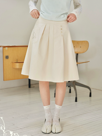 DAILY ARTIST - Warm Ivory Rose Embroidered Pleated A-Line Skirt