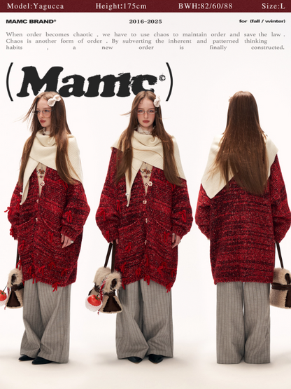 MAMC - Mid-Length Red Bow & Floral Knit Cardigan WE900