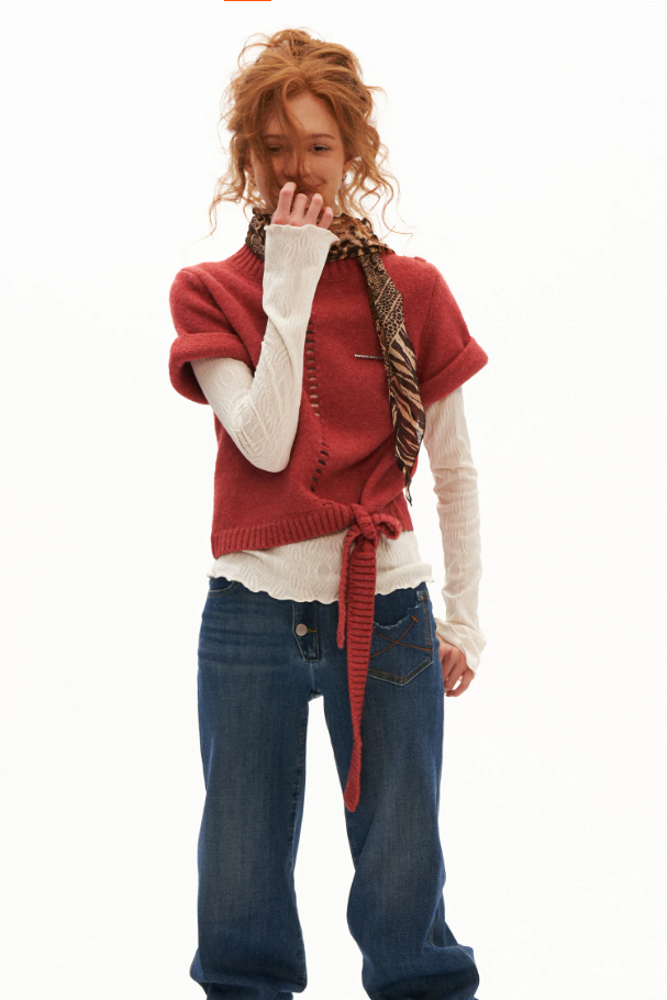 MAMC - Soft Wool-Blend Tie-Waist Cutout Knit Sweater (Red / Black)