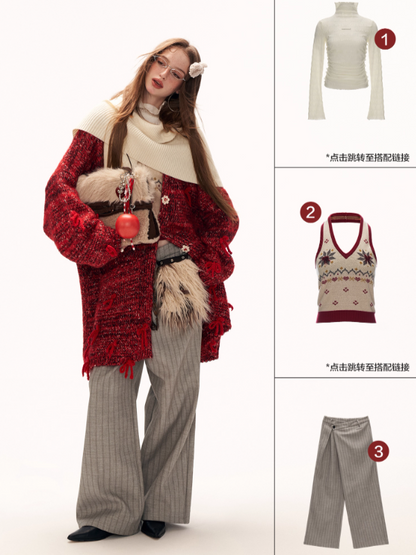 MAMC - Mid-Length Red Bow & Floral Knit Cardigan WE900