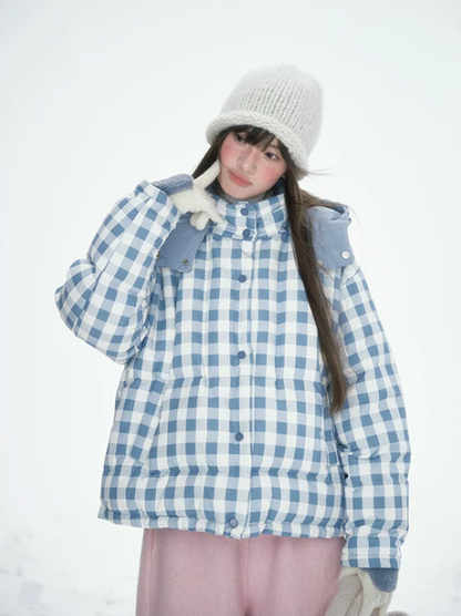 [CAN] Blue Plaid Reversible 90% White Duck Down Hooded Puffer Jacket