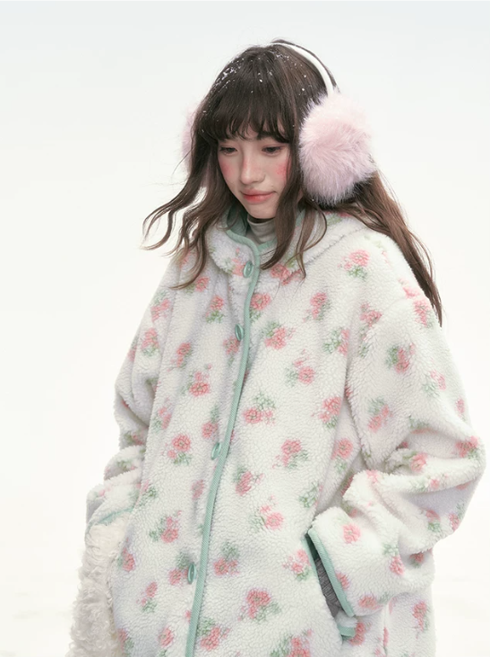 CANSTORE - Pink Floral Sherpa Hooded Jacket with Quilted Padding