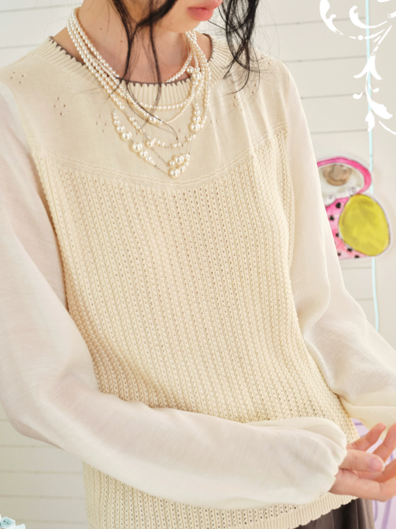 DAILY ARTIST - “Soft Woven Wind” Silk-Wool Sheer Sleeve Knit Top (Brown / Beige)