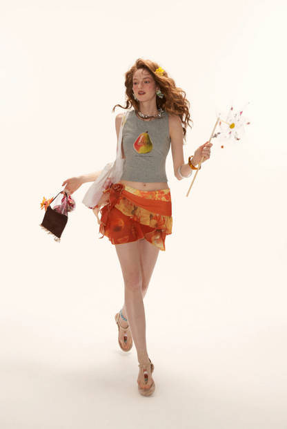 MAMC - "Sunset Orange Bloom" Asymmetric Layered Mini Skirt WE942