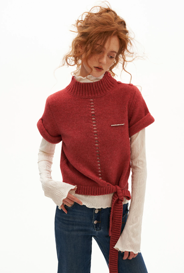 MAMC - Soft Wool-Blend Tie-Waist Cutout Knit Sweater (Red / Black)