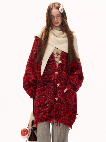 MAMC - Mid-Length Red Bow & Floral Knit Cardigan WE900