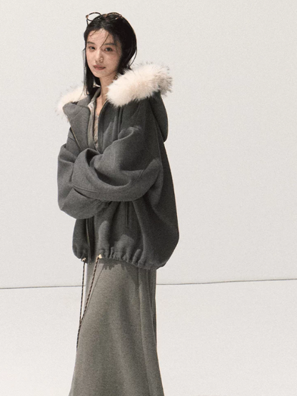 OAKMOO/ Rock Gray Shirt Collar Faux Two-Piece Knit Dress