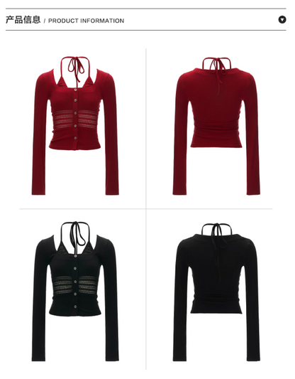 MAMC - Halter Neck Layered Mock Two-Piece Top with Cutout Detail (Red / Black)