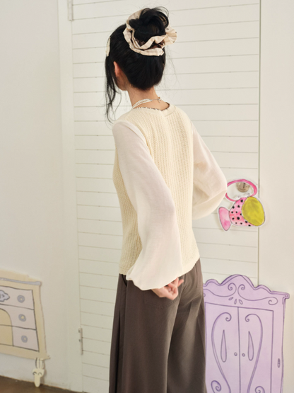 DAILY ARTIST - “Soft Woven Wind” Silk-Wool Sheer Sleeve Knit Top (Brown / Beige)