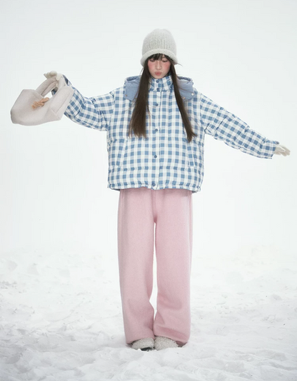 [CAN] Blue Plaid Reversible 90% White Duck Down Hooded Puffer Jacket