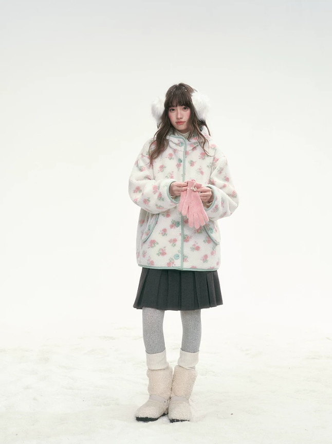 CANSTORE - Pink Floral Sherpa Hooded Jacket with Quilted Padding