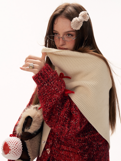 MAMC - Mid-Length Red Bow & Floral Knit Cardigan WE900