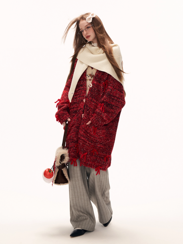 MAMC - Mid-Length Red Bow & Floral Knit Cardigan WE900