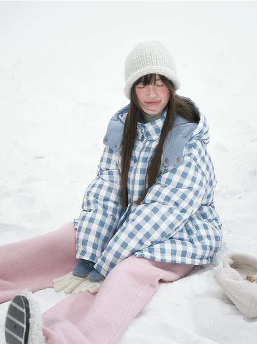 [CAN] Blue Plaid Reversible 90% White Duck Down Hooded Puffer Jacket