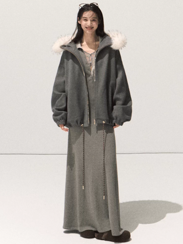 OAKMOO/ Rock Gray Shirt Collar Faux Two-Piece Knit Dress