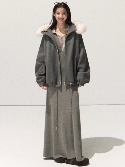 OAKMOO/ Rock Gray Shirt Collar Faux Two-Piece Knit Dress