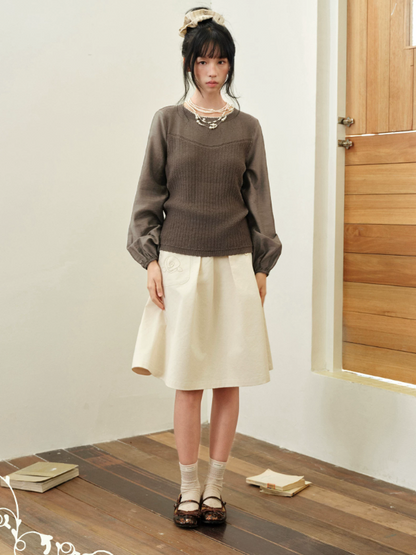 DAILY ARTIST - “Soft Woven Wind” Silk-Wool Sheer Sleeve Knit Top (Brown / Beige)