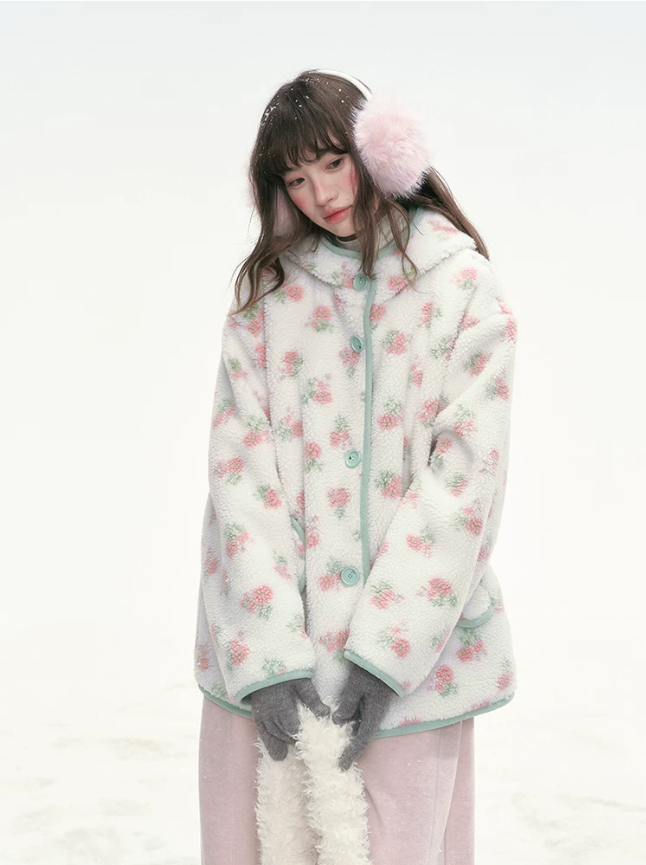 CANSTORE - Pink Floral Sherpa Hooded Jacket with Quilted Padding