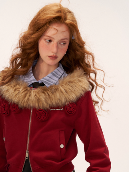 MAMC - Asymmetrical Shoulder Detachable Fur Collar Floral Jacket WE762 - RED