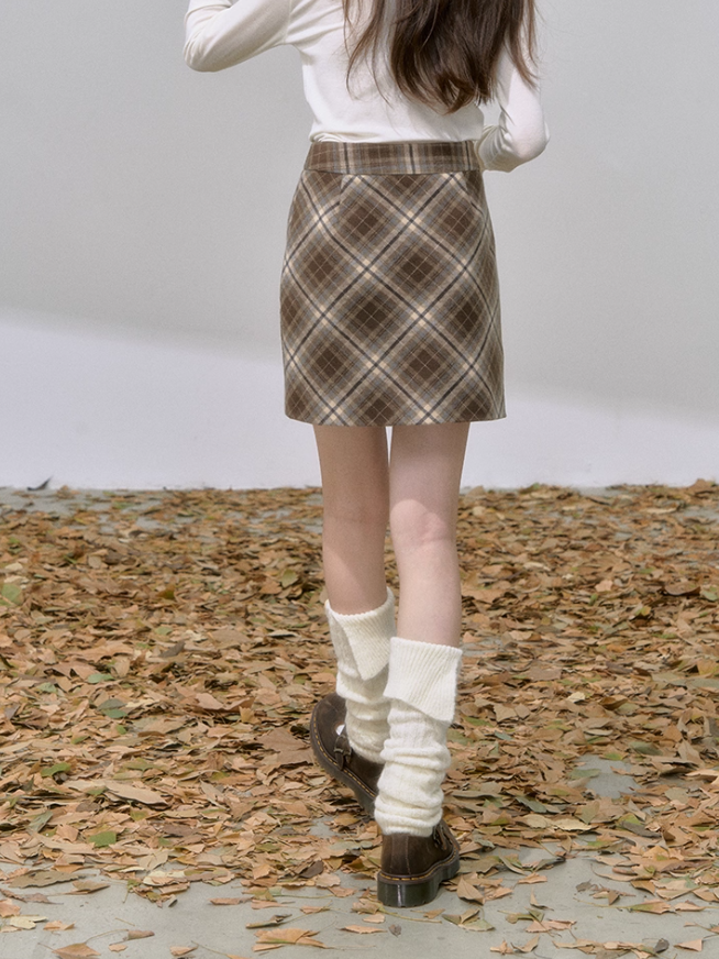 '经纬绘色' Plaid Wool Pencil Skirt