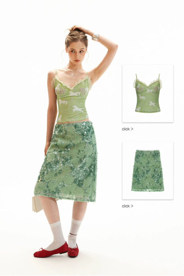 Mint Sequin Embroidered Midi Skirt