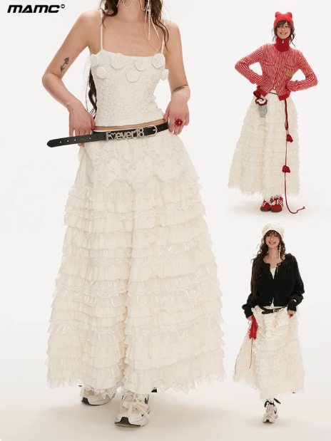 MAMC - Layered Lace Midi Skirt – White Cake-Tiered Design