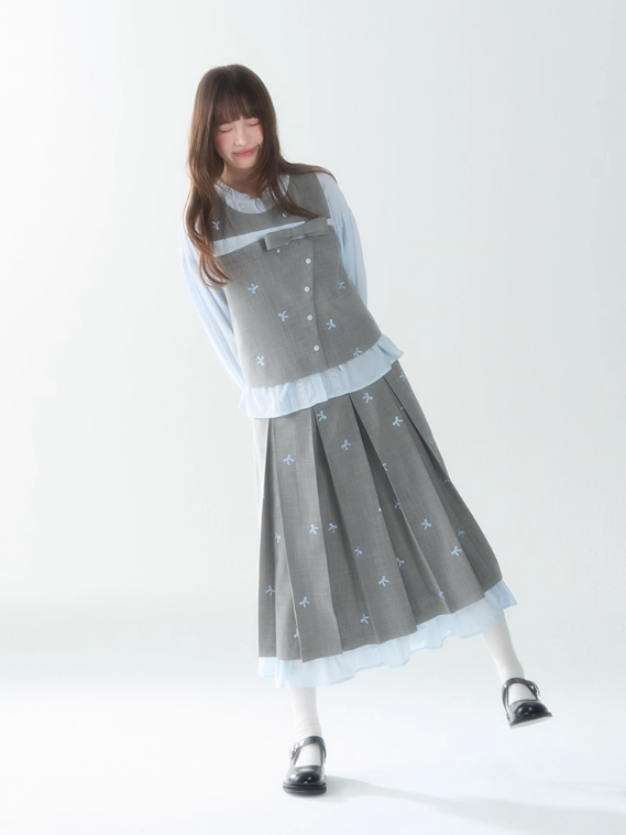 罐头士多所 - "Blue Whisper" Bow-Tie Vest Top & Pleated Skirt Set