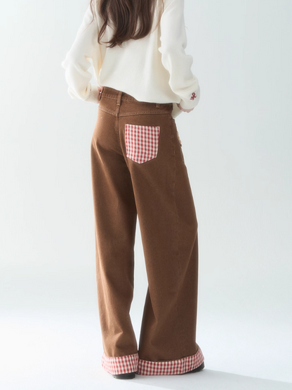罐头士多所 - "Caramel Teddy" Embroidered Patchwork Pants