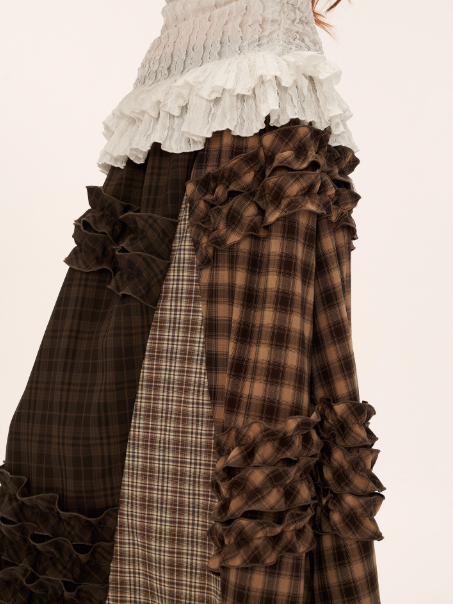 MAMC - Brown Patchwork Plaid Layered Midi Skirt WE738