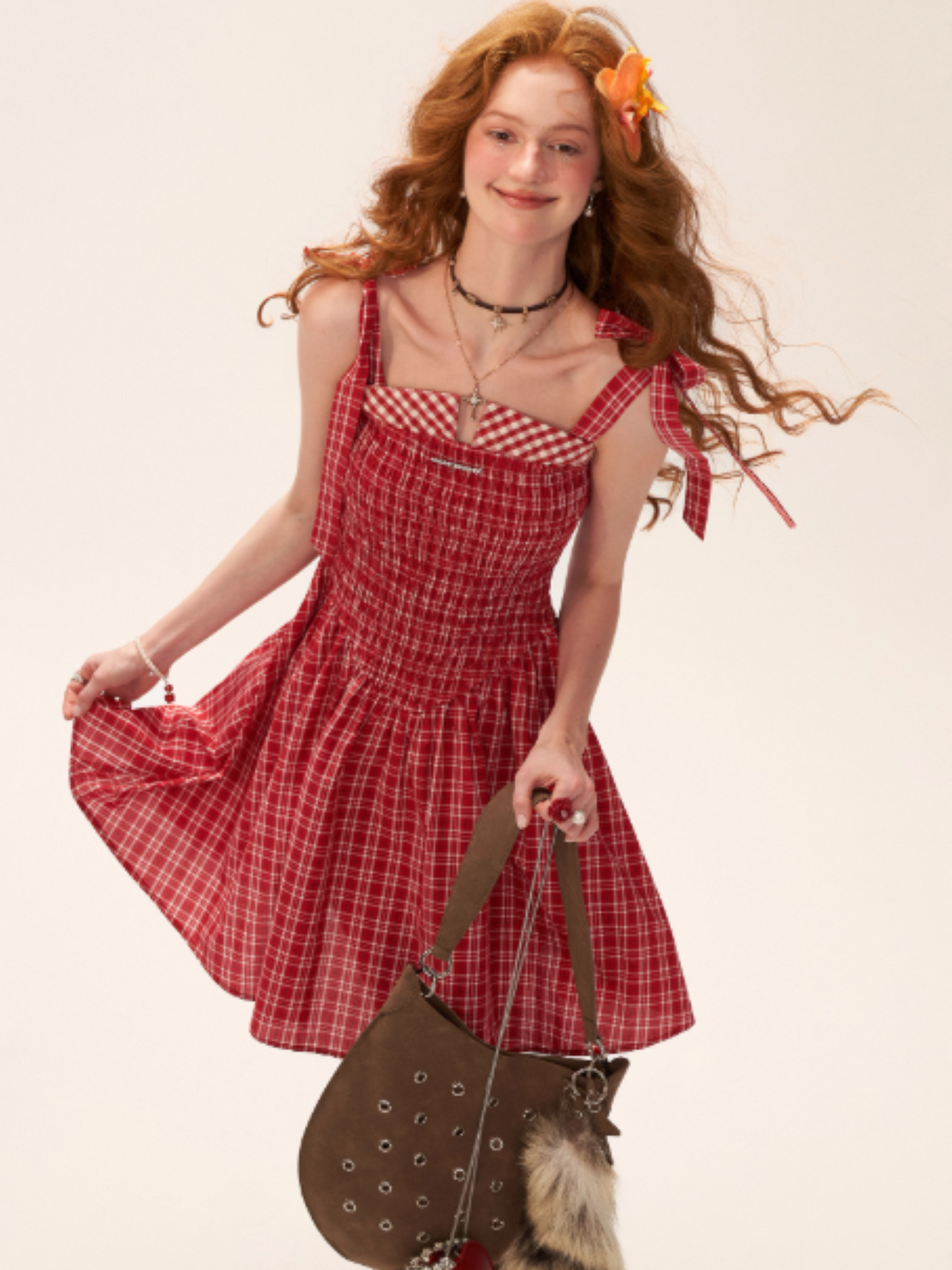 French Bow Tie Strap Smocked Dress WE852 (Red Plaid)