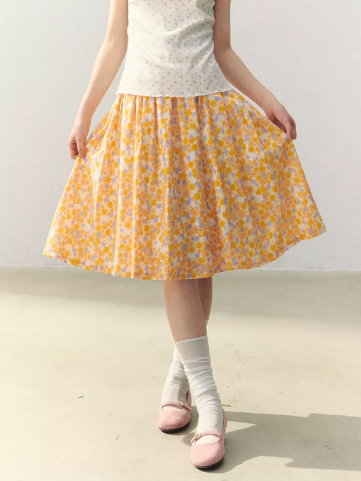 Citrus Bloom Lace Cami & Floral Pleated Skirt Set LL2026039