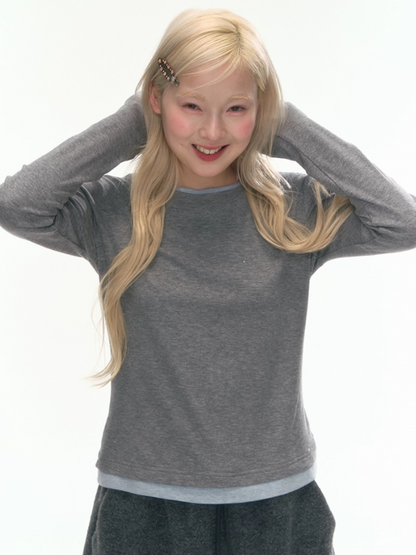 "Cream Cloud" Gray - Blue Colorblock Wool Knit Top LL2025471
