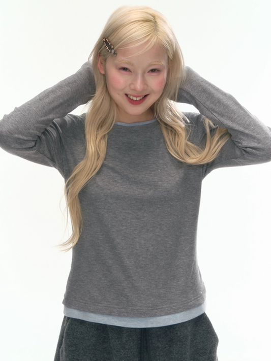 [CAN] "Cream Cloud" Gray - Blue Colorblock Wool Knit Top LL2025471