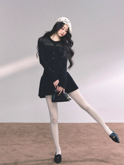 "小野莉娜" French Knit Slim-Fit Waist Black Dress