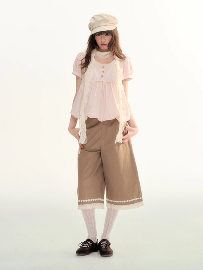 Soft Pink Lace Bubble Hem Blouse WW2026084