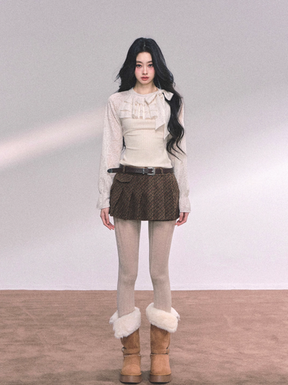 少也眼 Moon-lit Ruffle Lace Knit Layered Long Sleeve Top