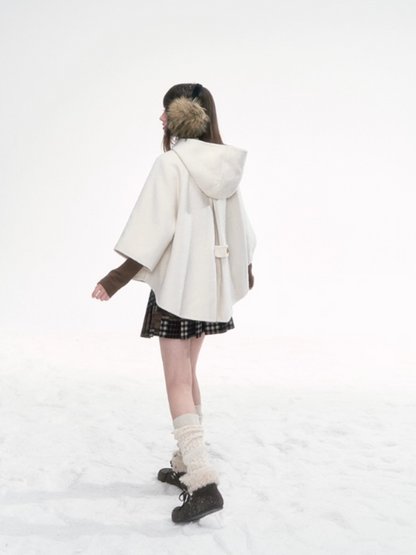 '漫游者' White Wool-Blend Hooded Cape Coat