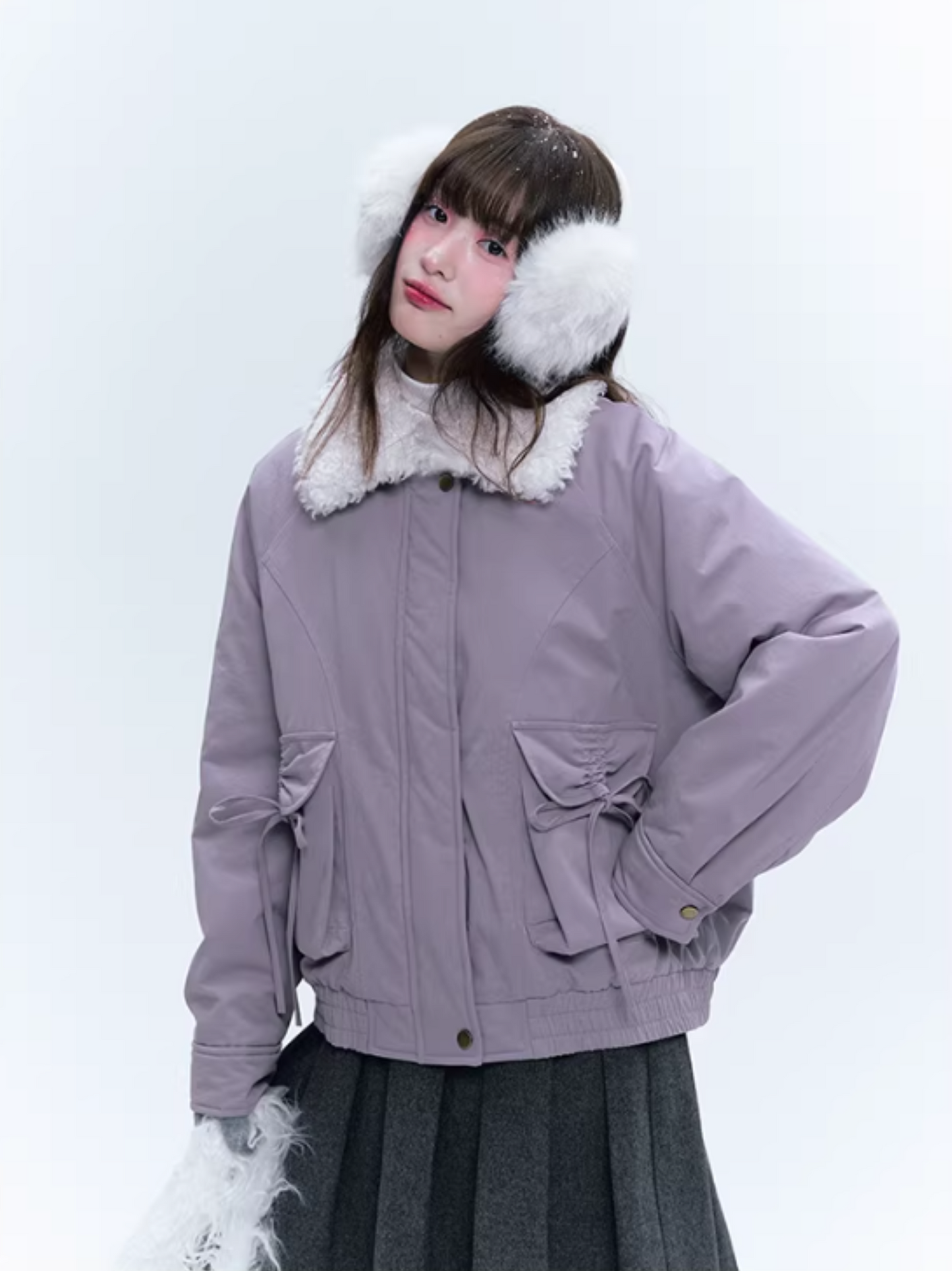 CREAMO2奶油氧气 - Taro Gray-Purple Detachable Shearling-Collar Retro Padded Jacket