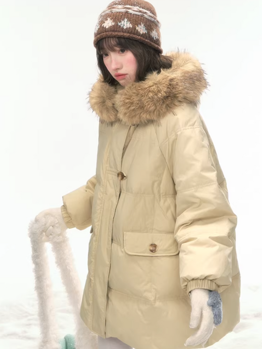 "First Snowfall" Khaki Mid-Length Down Jacket LL2025473