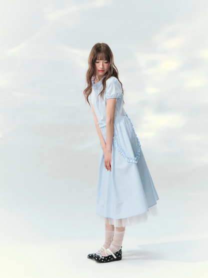 “Cloudside Blue” Mist Blue Puff Sleeve Midi Dress LL2026123