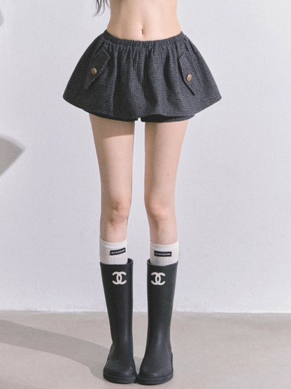 少也眼 French Plaid Woolen High-Waist A-Line Mini Skirt – Gray/ Coffee